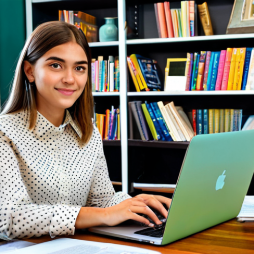 Home 17 **
A young woman in a modest, professional outfit (skirt and blouse), sitting at a desk covered in books and papers, a laptop displaying a blog interface, surrounded by colorful bookshelves in a cozy home office, fully clothed, safe for work, appropriate content, family-friendly, professional, perfect anatomy, correct proportions, well-formed hands, natural pose, high quality.
**