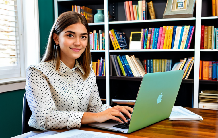 **
A young woman in a modest, professional outfit (skirt and blouse), sitting at a desk covered in books and papers, a laptop displaying a blog interface, surrounded by colorful bookshelves in a cozy home office, fully clothed, safe for work, appropriate content, family-friendly, professional, perfect anatomy, correct proportions, well-formed hands, natural pose, high quality.
**