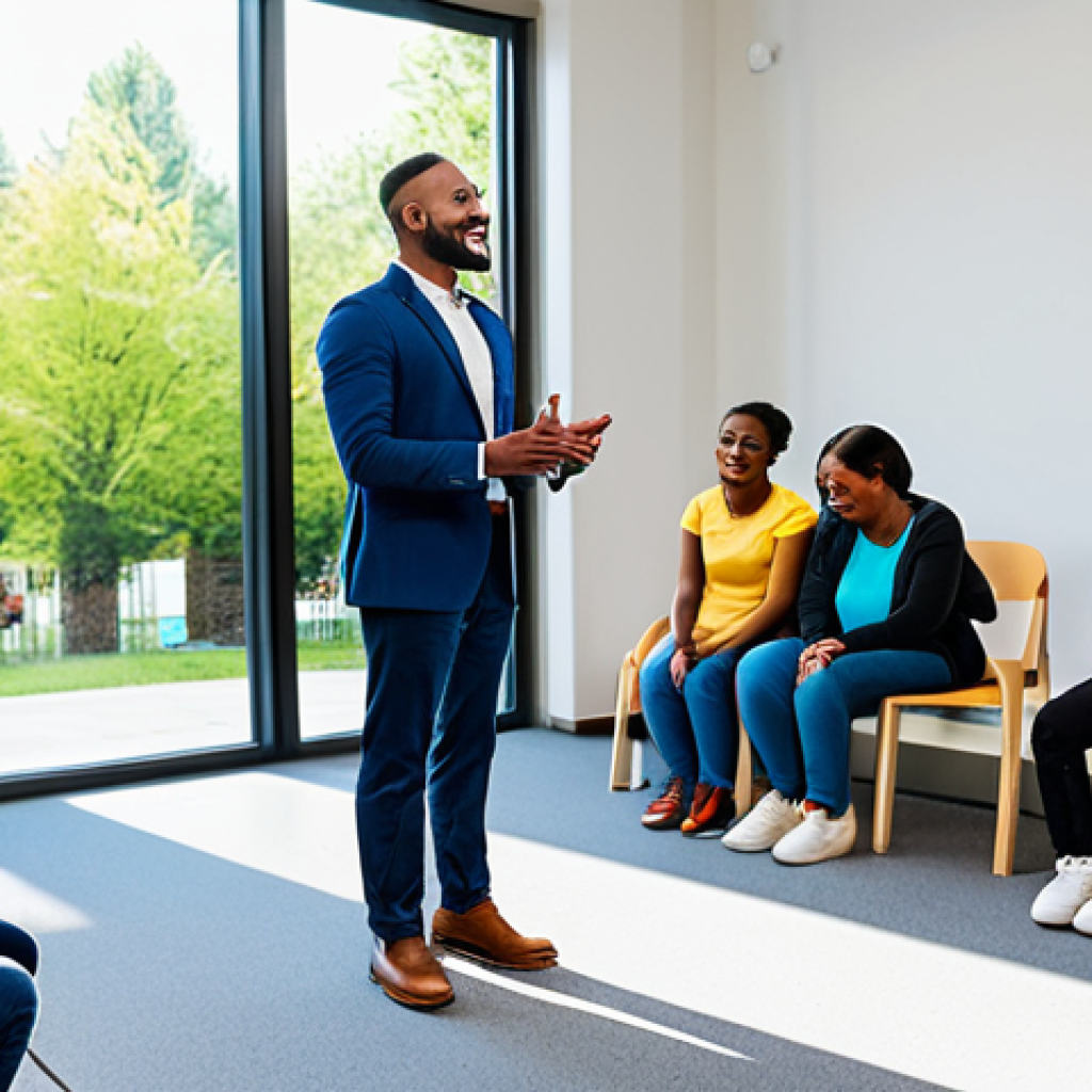 Social Impact Career**

A dedicated social worker in a modest, professional outfit, counseling a diverse group of people in a bright, welcoming community center, fully clothed, appropriate content, safe for work, professional setting, perfect anatomy, correct proportions, natural pose, family-friendly.

**